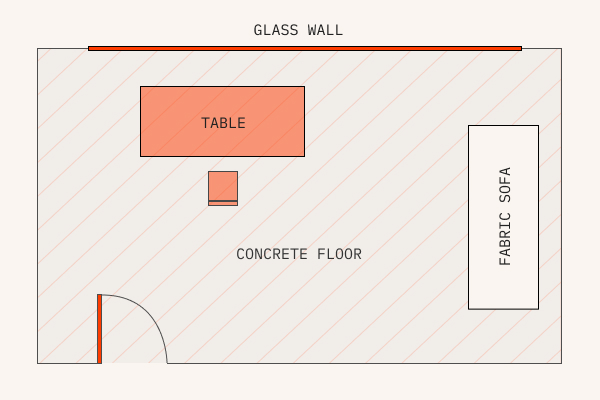 Office interior showing surfaces that work for and against room acoustics